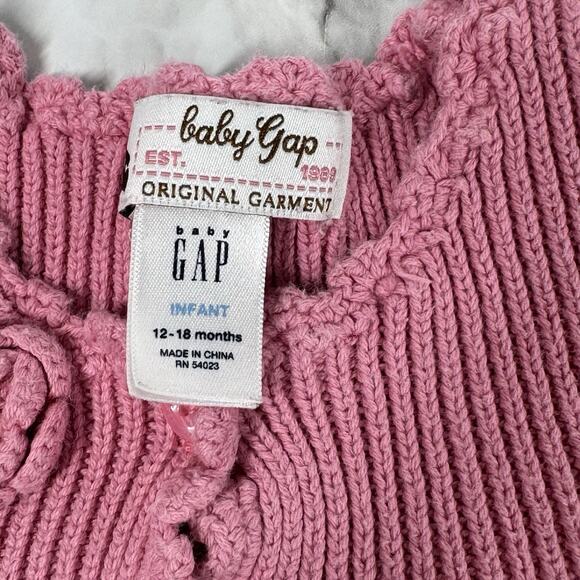 Baby Gap Original Girl Cardigan Sweater Pink 12-18 mo Rosette Scalloped Edges - Picture 2 of 6